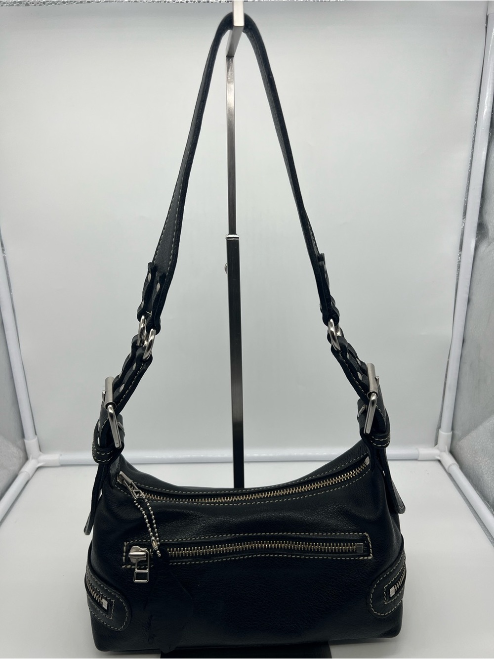 ROOTS VINTAGE Y2K Black Leather Side Zip Small Baguette Shoulder Bag Funky Hobo